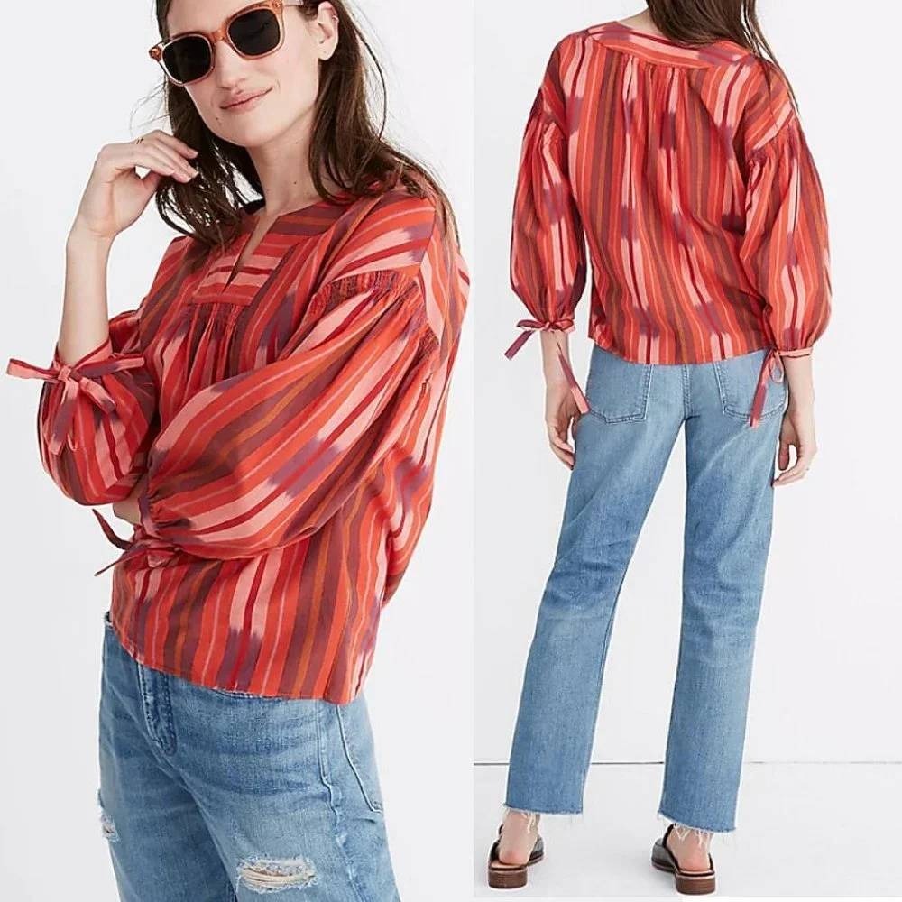 Madewell Womens L Ikat Striped Balloon Sleeve Tie Cuff Top Orange Red L Peasant